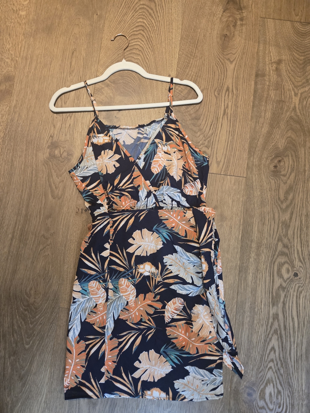 Cupshe Navy Mini Wrap Dress with Coral and Light Blue Leaves